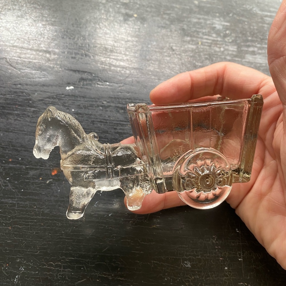 vintage glass horse and cart toothpick holder or trinket dish